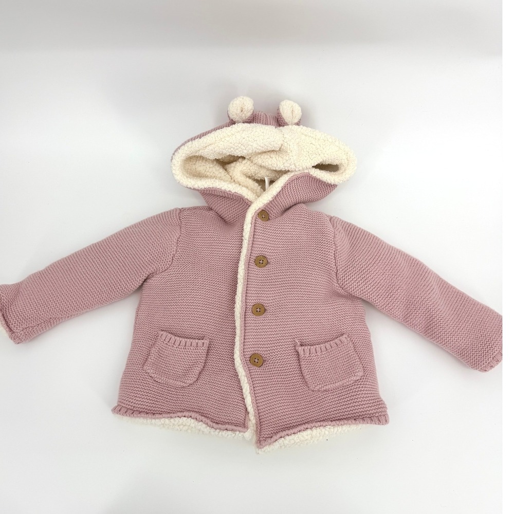 Carters Baby Girls 18M Pink Sherpa Lined Knit Hooded Sweater Jacket Bear Ears